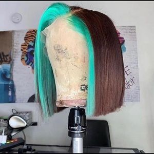 Brown and mint blue highlight Human Virgin Hair Pre Plucked Lace Front Wig